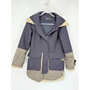 Karen Millen Wool Blend Quilted Coat Women's Size 4 Hooded Full‎ Zip Winter Cozy